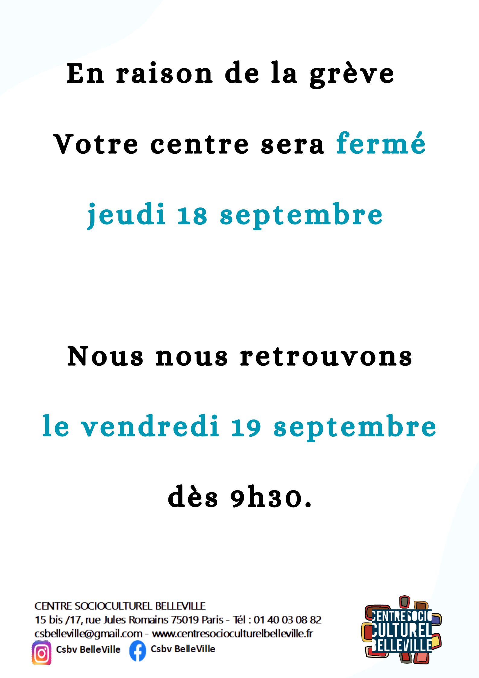 Fermeture du CSBV jeudi 18 septembre
